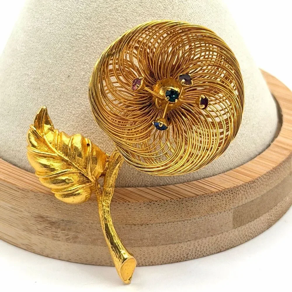 Vintage Gold Tone Wire Flower Brooch Colorful Rhinestone Floral Pin